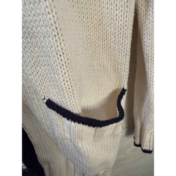 Ivory & Navy Open Front Cardigan Sweater With Button Closure & Pockets By Loft S - Picture 9 of 10
